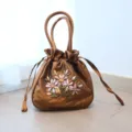 Vintage silk handbag with delicate ribbon embroidery, brown drawstring pouch for hanfu. - Coffee