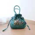 Green silk drawstring handbag, vintage embroidered floral purse, traditional Chinese style bag. - Malachite green