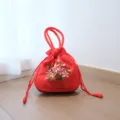 Traditional Chinese Style Red Floral Embroidered Silk Handbag Drawstring Pouch Variant - Red