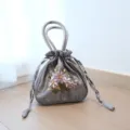 Exquisite silk embroidered handbag featuring vintage floral motifs and secure drawstring closure. - Gray