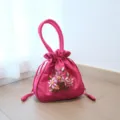 Pink silk ribbon embroidered drawstring handbag traditional coin purse style variant - Rose Red