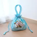 Light blue silk ribbon embroidered drawstring handbag, traditional style pouch for Hanfu - Sky Blue