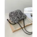 Sac Seau à Cordon en Paillettes Brillantes Souple Plissé Sac Bandoulière - Gris Argenté