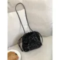 Sac seau noir en sequins pour femmes, sac bandoulière étincelant avec cordon de serrage froncé. - Noir