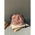 Sac seau à sequins rose pour femmes, sac bandoulière brillant à cordon de fête. - Rose