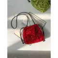 Sac seau à sequins rouges avec cordon noir, sac bandoulière scintillant et élégant pour femme. - Rouge