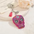 Crystal rhinestone skull keychain with pink tassel, stylish bag charm and gift for Halloween. - Rose Red