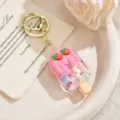 Cute strawberry popsicle keychain with quicksand charm, perfect bag accessory and lovely gift. - Creamy Candy Bean Ice Cream Charm - Rose Red / Light Gold Clasp + Strawberry Ice Cream