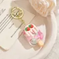 Cute strawberry ice cream keychain quicksand liquid bag pendant charm cute gift for women - Creamy Candy Bean Ice Cream Charm - Creamy White / Light Gold Clasp + Strawberry Ice Cream