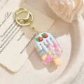 Cute strawberry ice cream keychain liquid quicksand pendant girlish bag charm accessory gift. - Creamy Candy Bean Ice Cream Charm - Blue / Light Gold Clasp + Strawberry Ice Cream