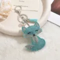 Blue rhinestone fox keychain with tassel pendant, cute glitter bag accessory and keyring. - Sky Blue