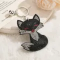Cute black rhinestone fox keychain and bag pendant, sparkling crystal fashion accessory gift. - Black