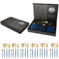 Set di posate in acciaio inossidabile di lusso manici oro blu scatola regalo. - Blu Oceano