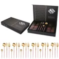 Set di posate in acciaio inossidabile manico rosa finitura oro, scatola regalo. - rosa ciliegia
