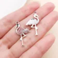 Pendentif flamand rose strass alliage zinc DIY bijoux collier porte-clés accessoire 28x14mm - Argent - Strass Rose