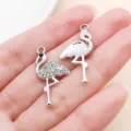 Pendentifs flamants roses en métal argenté strass pour fabrication bijoux DIY colliers. - Argent-Strass Blanc