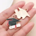 Graduation cap and diploma enamel alloy charms pendants for DIY jewelry making accessories. - Black Bachelor Doctoral Cap (16521) / 1 Piece (28x23mm)