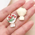 Gold-tone enamel tulip bouquet alloy charm pendant for DIY jewelry making accessories - Red Flower Bouquet (18797)
