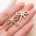 Gold alloy bow charm pendant with rhinestones and pearl for DIY necklace bracelet jewelry - Pearl Rhinestone Bowknot (27099) / 1 Piece (19x23mm) / Gold