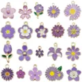 20pcs Purple White Enamel Flower Charms Gold Plated Alloy Pendants DIY Jewelry Making - Purple Flower Set (SN1728)