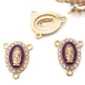 Pezzi centrali per rosario in metallo fai-da-te con smalto viola e strass per gioielli. - Stile Vergine Maria Ovale 3 Fori Oro KC Strass Bianchi (15294) / 1 Pezzo (16x20mm) / Base Viola