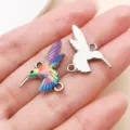 Hummingbird alloy pendant charm with colorful enamel front and white K base, DIY jewelry accessory. - Style 27587
