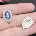 DIY Connettore Centro Rosario Metallo Smalto Blu Ciondolo Religioso Placcato Bianco K - Pendaglio Vergine Maria Ovale-3 Fori (15318) / 1 Pezzo (16x20mm) / Blu Reale (K Bianco)
