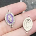 Ciondolo connettore Vergine Maria in smalto strass ovale a doppio anello per gioielli fai da te. - Stile Strass Base Viola 2 Fori Ovale K Bianco (15326) / 1 Pezzo (16x20mm)