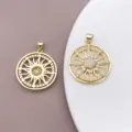 18K Gold Plated Micro Pave Zircon Sunflower Pendant Charm DIY Necklace Jewelry Accessory - Hollow Round Sunflower Pendant (T3291) / 1 Piece/Pack (31x25x4mm)