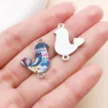 DIY bird charms double loop alloy enamel pendants silver tone jewelry making supplies - White K Gray Enamel Dual Loop Printed Dove (28032)