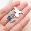 Hummingbird enamel pendant charm, white K-plated zinc alloy DIY jewelry making accessory variant. - White K Blue Enamel Dual Loop Printed Slim Hummingbird (28060)