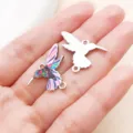 Hummingbird Charm Double Loop Colorful Enamel DIY Zinc Alloy Pendant Jewelry Accessory - White K Multicolor Enamel Dual Loop Printed Slim Hummingbird (28061)