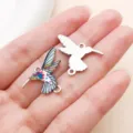 DIY colorful hummingbird enamel double loop charm pendant for jewelry making supply. - White K Vibrant Enamel Dual Loop Printed Slim Hummingbird (28062)