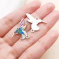 Colorful Enamel Hummingbird Charm Double Loop Zinc Alloy DIY Pendant Jewelry Accessory - White K Mixed Enamel Dual Loop Printed Slim Hummingbird (28064)