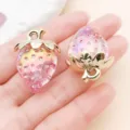 Cute 3D Strawberry Acrylic Resin Pendant DIY Jewelry Accessory Pink Gold Leaf Charm 1pc - Transparent Pink AB Color