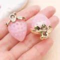 Cute pink 3D strawberry resin charm with gold metal leaf pendant for DIY jewelry making - Jelly Pink AB Color