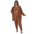 Σετ τριών τεμαχίων ριμπ σέξι casual με crop top παντελόνι και πουκάμισο σε καφέ. - 1XL / Σετ / Χακί
