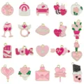 20pcs Valentine's Day Enamel Alloy Heart Rose Love Charms DIY Jewelry Making Pendants Set - Mixed 20 Styles Set (SN1662) / 20 Pieces/Pack / Pink