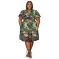 Plus size camo two-piece dress set featuring v-neck ruffle sleeves and skirt with pockets. - 1XL / Top And Bottom / Camouflage