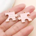 Pink enamel puzzle pendant charm, gold trimmed couple DIY jewelry accessory making supply. - Double-Sided Heart Puzzle (27292)