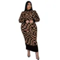 Long sleeve midi dress with abstract plaid print, elegant high neck and fitted silhouette. - L / Dresses / Brown