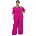 Details of the pink off-the-shoulder plus size jumpsuit showing front tie and wide leg fit. - L / Rose Red