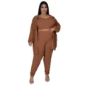 Σετ casual sexy ριμπ μονόχρωμο 3 τεμαχίων σε μεγάλα μεγέθη με τοπ παντελόνι και πουκάμισο. - 1XL / Σετ / Πορτοκαλί