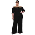 Elegant plus size off-shoulder black jumpsuit featuring a front tie bow and wide legs. - L / Black