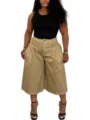 Plus size casual pleated wide leg pants for women, comfortable loose fit capri trousers. - 0XL / Bottoms / Khaki