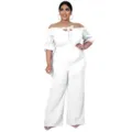 Plus size sexy off shoulder white jumpsuit with short sleeves and front tie detail for women - L / White