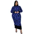 Plus size blue black geometric checkerboard print long sleeve maxi dress detailed shot. - Blue