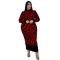 Women red black checkered long sleeve dress casual elegant round neck maxi dress winter - L / Dresses / Red