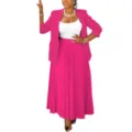 Pink blazer and pleated skirt detail view, elegant women's professional wear set. - 0XL / Top And Bottom / Rose Red