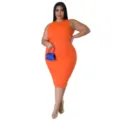 Einfarbiges Rippstrick ärmelloses Bodycon Kleid für Damen, lässige Sommer Freizeit Mode. - L / Orange